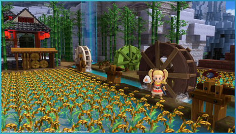  the female character planting crops, in the background are some irrigation system  